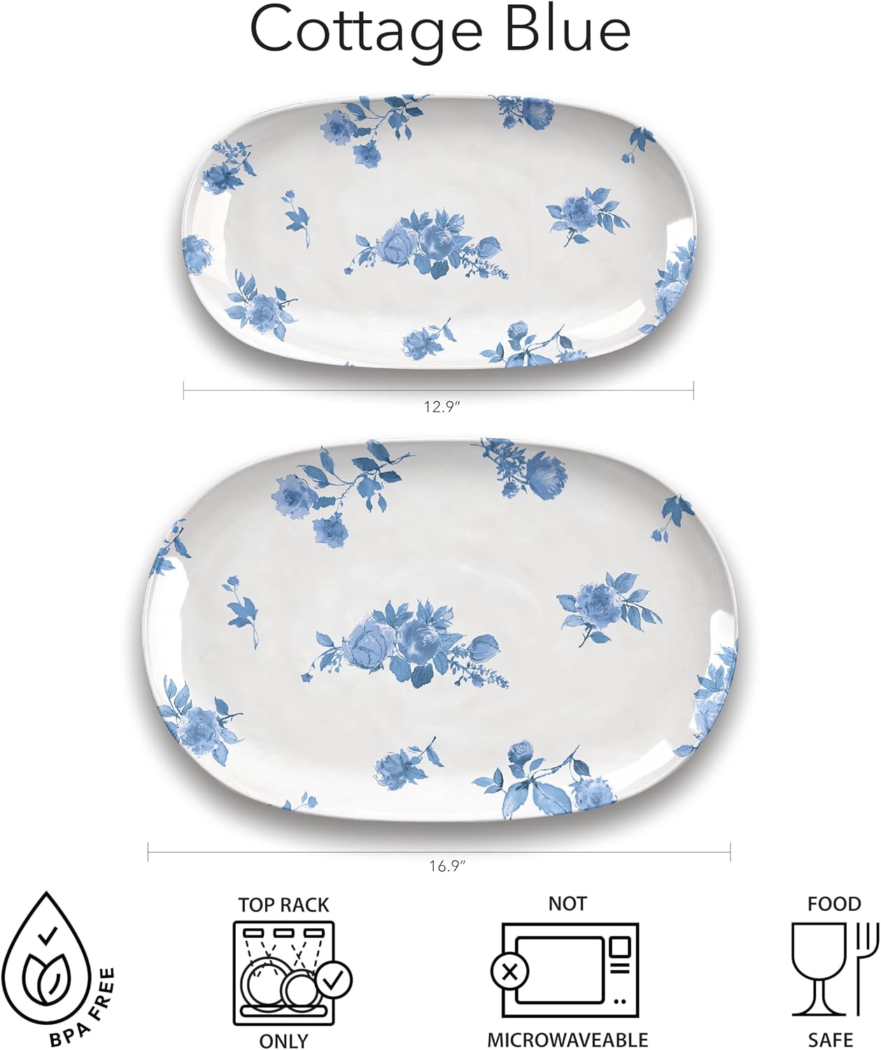 Cottage Blue 12.9'' x 6.9'' Serving Platter, Durable, Shatter-Resistant, and Dishwasher Safe Melamine Platter for Appetizers, Main Courses, Desserts, or Cheeses - White