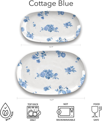 Cottage Blue 12.9'' x 6.9'' Serving Platter, Durable, Shatter-Resistant, and Dishwasher Safe Melamine Platter for Appetizers, Main Courses, Desserts, or Cheeses - White
