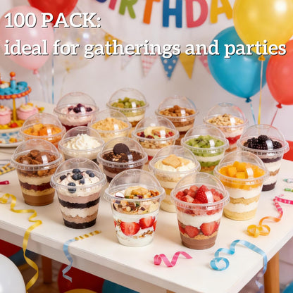 Pumtus 100 Pack Plastic Parfait Cups with Insert & Dome Lids, 9 OZ Clear Yogurt Fruit Parfait Container with Fork, Disposable To-Go Cup, Party Dessert Cup for Cereal, Veggies, Dips