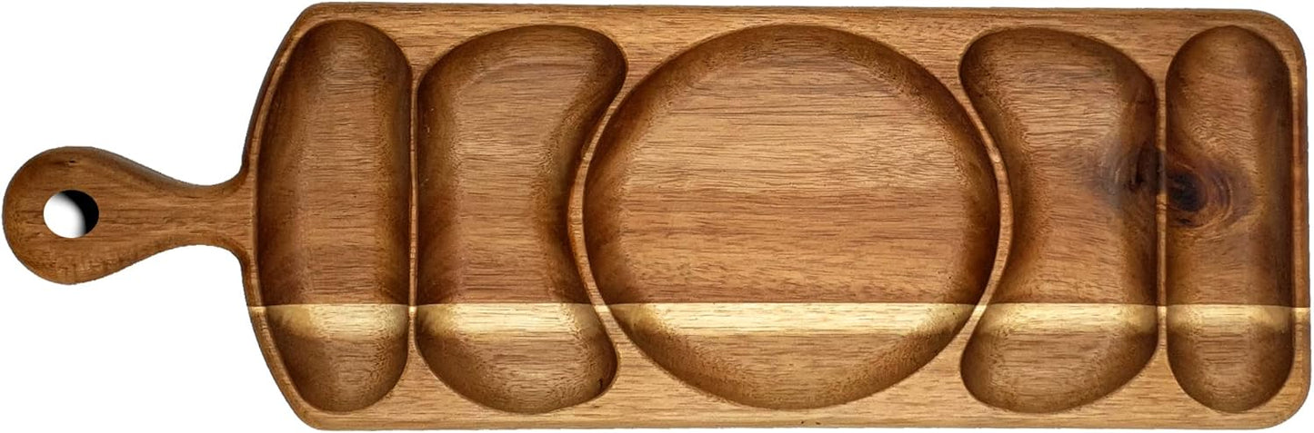 Acacia Wood Serving Platter 17.5 x 6 Long with Grooves & Handle. Luxury Snack Paddle Large XL Reversible Tray for Dinner Parties Chips Dips Crudités Cheese Charcuterie Gift (Long Rectangle)