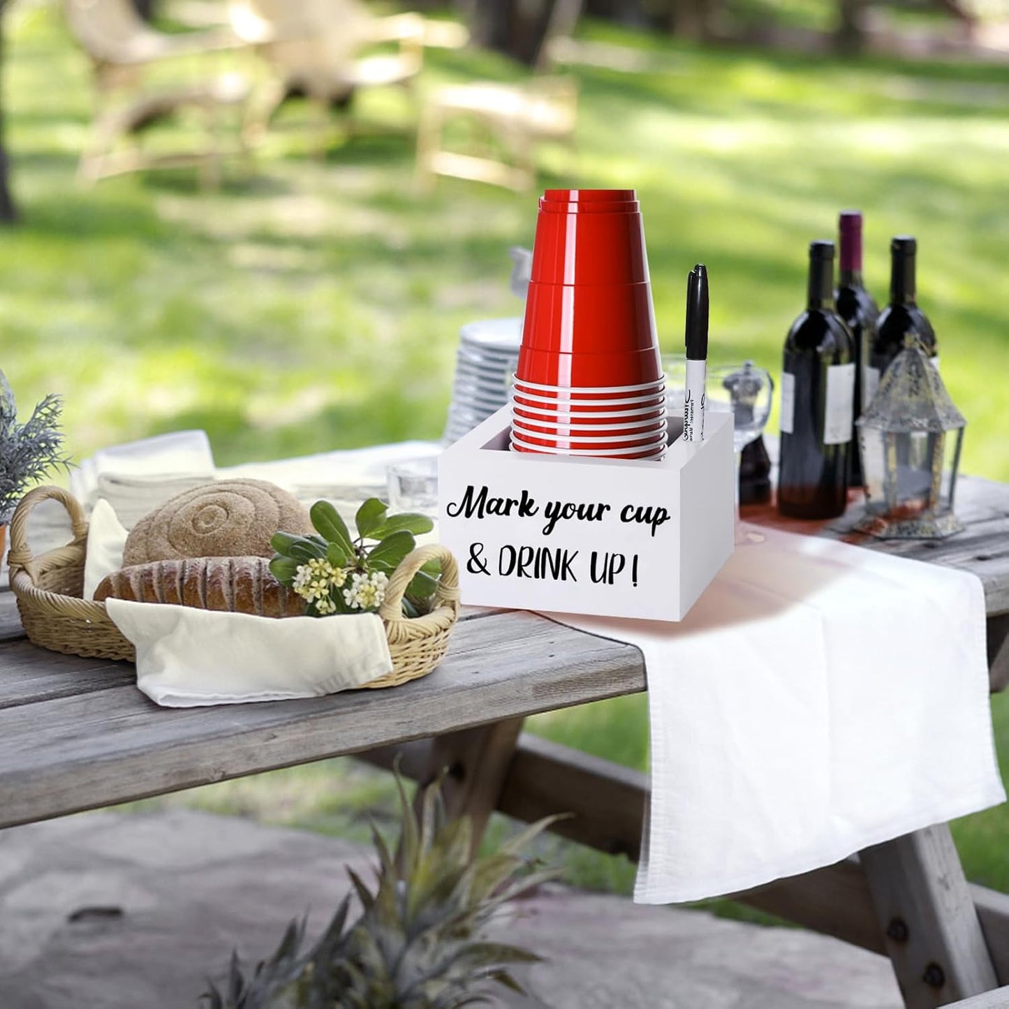 Wooden Cup Holder with Marker Slot, Disposable Plastic Party Cup Organizer for Holiday Gatherings - Hosting Essential to Mark Your Cup & Drink Up, Prevent Mix-Ups, Reduce Waste