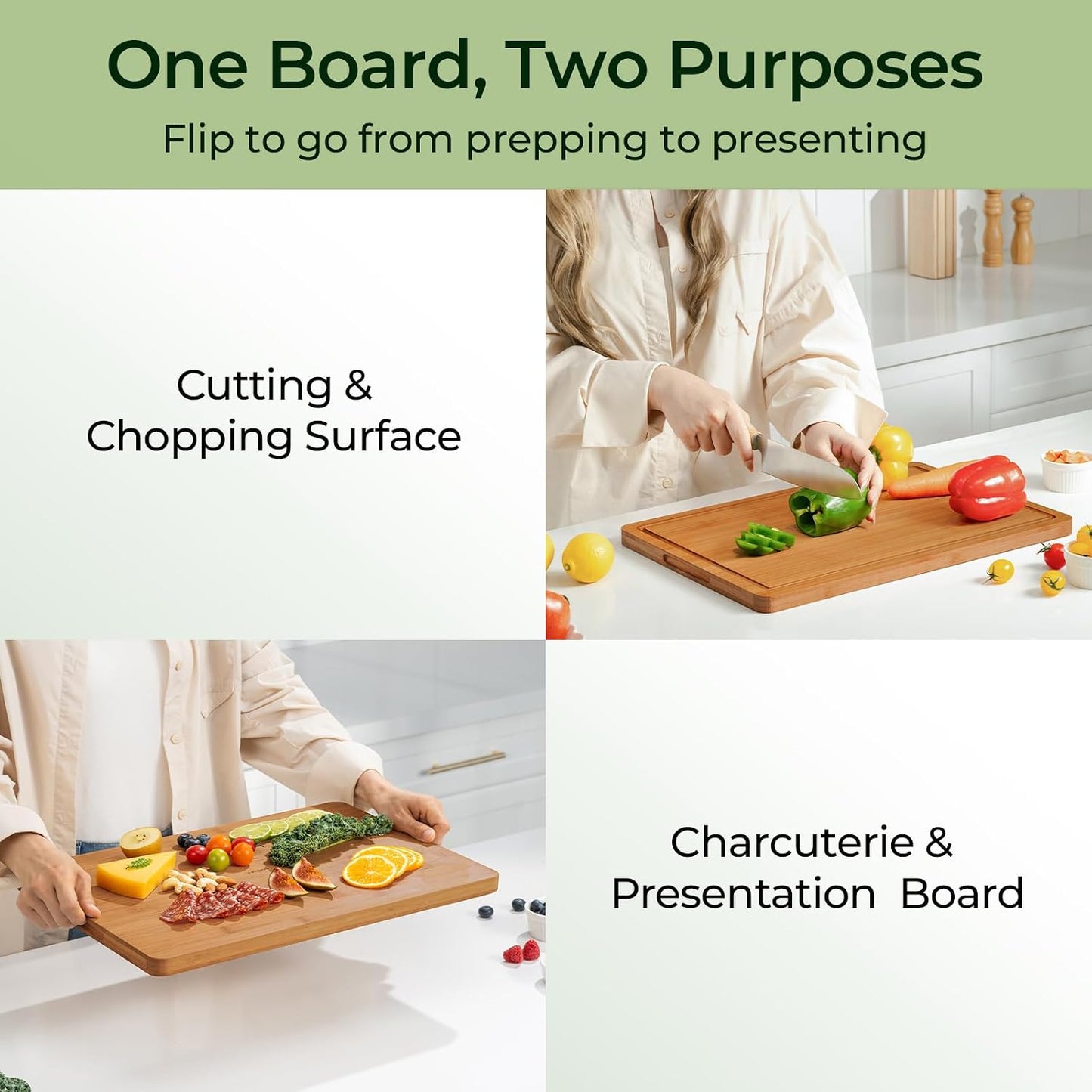 Keechee Wood Cutting Board for Kitchen - Reversible Bamboo Cutting Boards Gift Set of 3 with Juice Groove, Wooden Chopping Board for Meat, Fruit, Vegetables & Cheese (Pre Oiled, Natural)