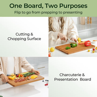 Keechee Wood Cutting Board for Kitchen - Reversible Bamboo Cutting Boards Gift Set of 3 with Juice Groove, Wooden Chopping Board for Meat, Fruit, Vegetables & Cheese (Pre Oiled, Natural)