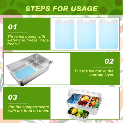 Condiment Tray Stainless Steel Serving Display Set with Lid for Buffet Restaurant Kitchen, Food Chilled Container for Salad Fruit Condiments, Keeps Food Fresh with Ice Box(6 Compartments)