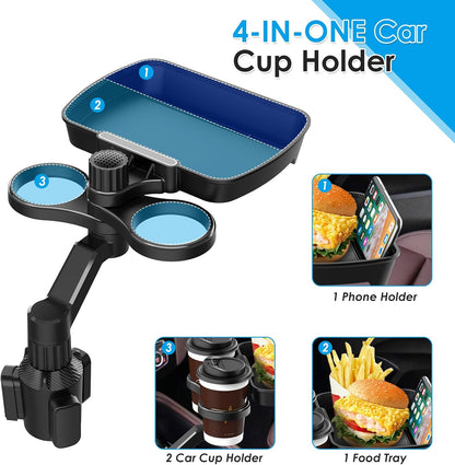 Biupky Car Cup Holder Expander, 4-in-1 Universal Cup Holder Tray Compatible with 2.6" to 3.94", Multi Cup Holders Table with Large Food Tray Phone Mount, for Travel Auto Trucker Road Trip Essentials