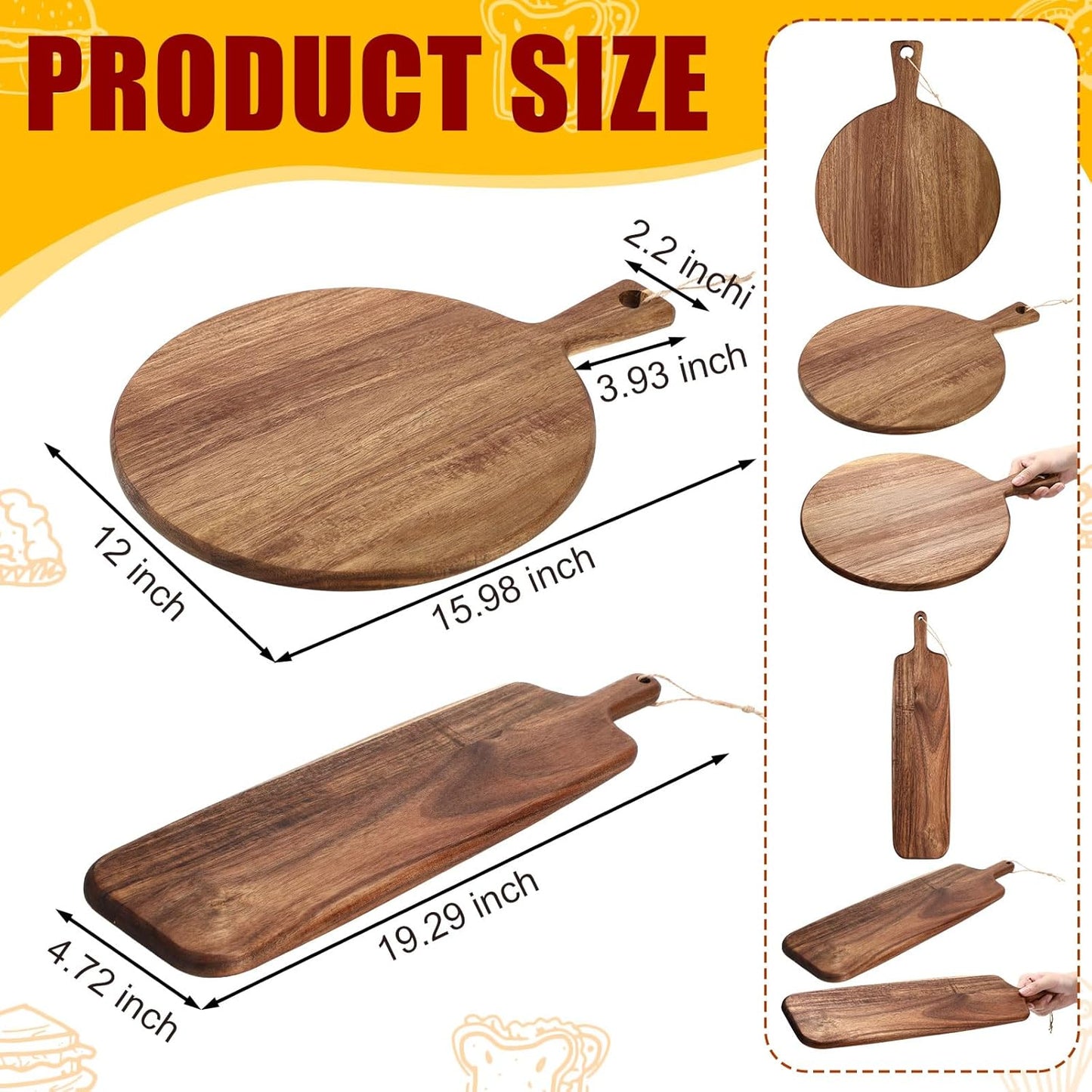 Hsei 2 Pcs Acacia Wood Cutting Board with Handle Wooden Charcuterie Board Large Paddle Carving Chopping Set Butter Serving Tray for Cheese Meat Fruit Pizza Bread(Vintage Style, 16x12, 17x13 Inch)