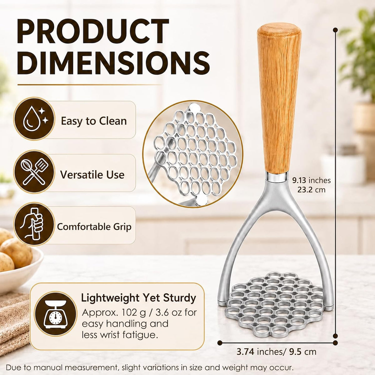 Potato Masher, Aluminum Alloy Food Smasher with Wooden Handle,Potato Press