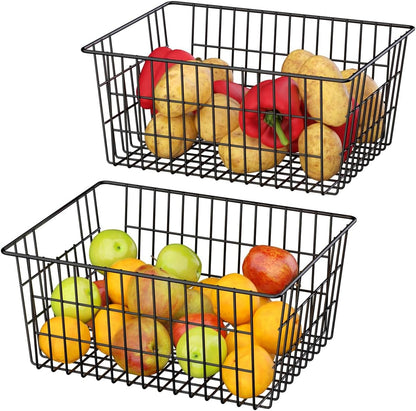 SANNO Freezer Baskets for Storage Pantry Large Metal Wire Food Storage Organizer Bin Basket with Handles - for Kitchen Cabinets, Pantry, Bathroom, Laundry Room, Closets, Garage - Chrome，2 pack