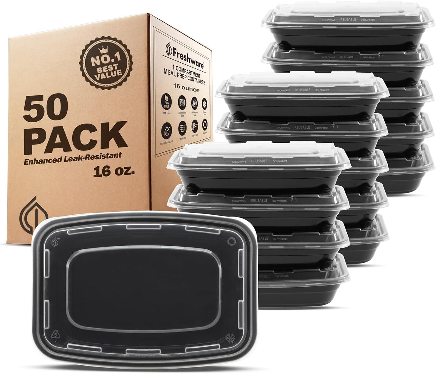 Freshware Meal Prep Containers [50 Pack] 1 Compartment with Lids, Food Storage Containers, Bento Box, BPA Free, Stackable, Microwave/Dishwasher/Freezer Safe (28 oz)