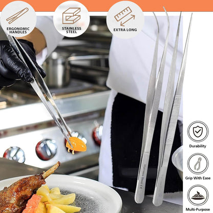 A2Z Cooking Tweezer Straight and Curved Tong Set, Tongs Precision Serrated Tips, Stainless Steel Professional Chef Tweezer Kitchen Tools for BBQ, Plating and Serving (Set of 2-10")