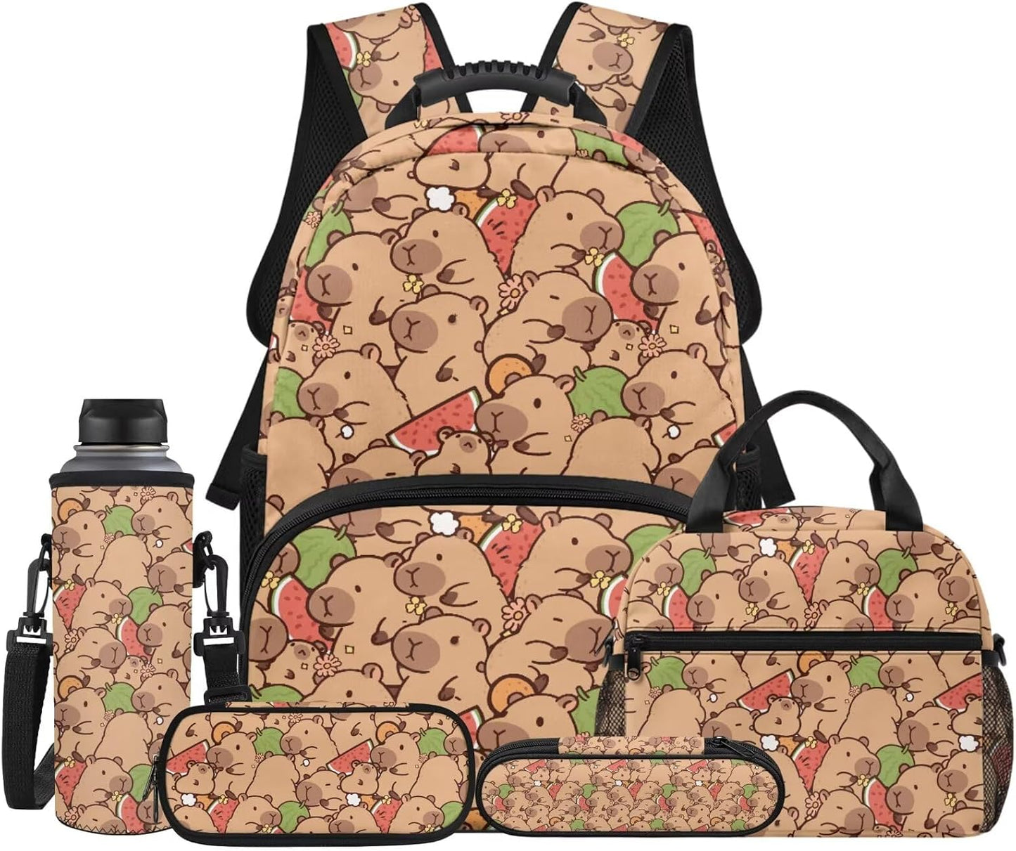 Cute Capybara Pizza Backpack for Girls, 5 Pcs Boys School Bag Set for Kids, 17 Inch Backpacks Lunch Pencil Box Reusable Utensils Case Set for Middle Elementary School, 3rd Grade Backpack
