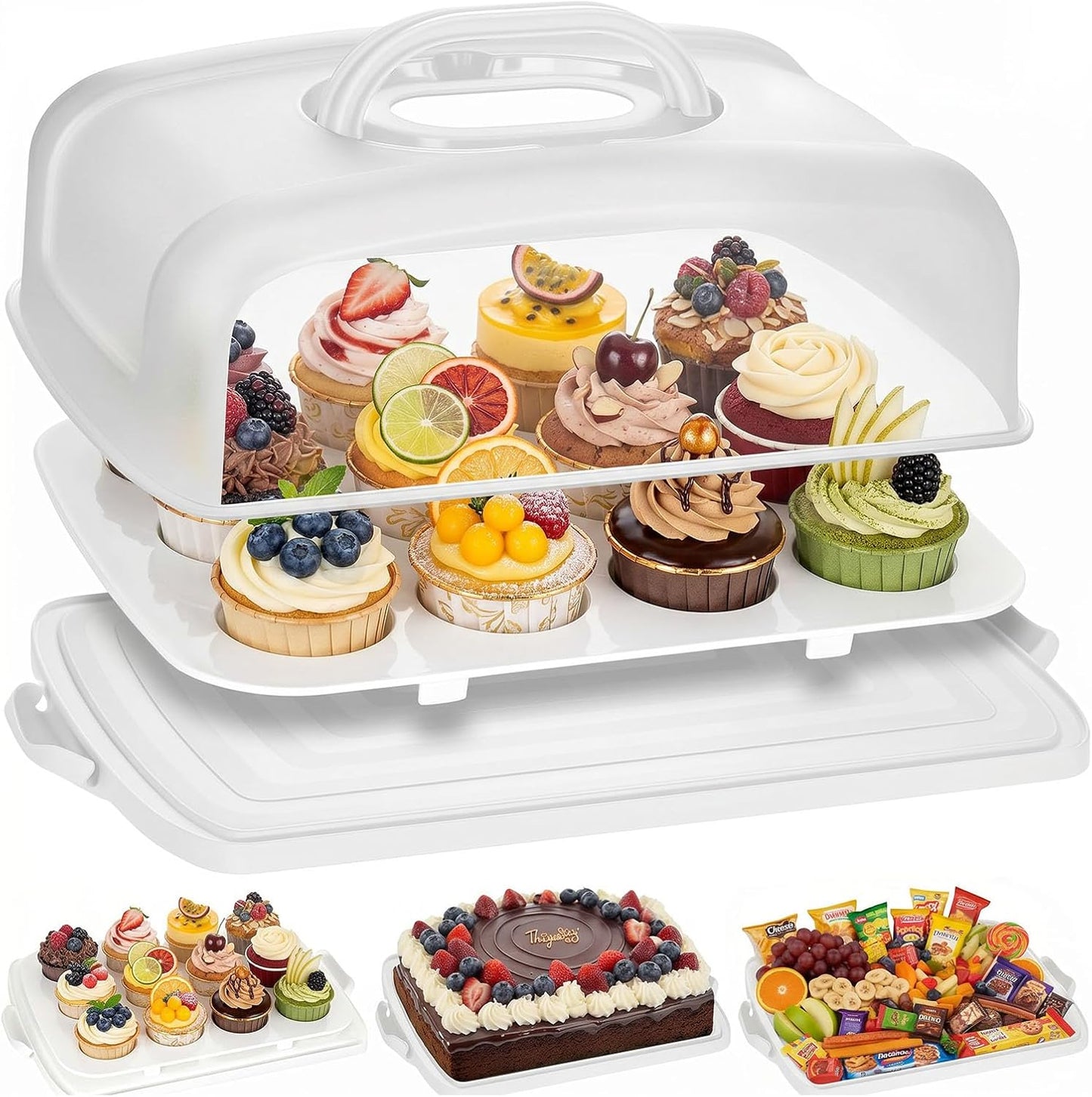 VGOODALL Cake Carrier with Lid and Handle, 12 Capacity Cupcake Holder for Muffin Pies Candies Fruits Snacks Desserts, Perfect for Sheet Cakes, Dishwasher Safe