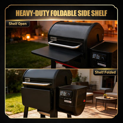 QuliMetal Folding Front Shelf for Traeger Pro 34, Texas Elite 34, Century 885 and Eastwood 34, 37" x 12" Heavy-Duty Grill Prep Table with Cutting Board, Stainless Steel Basin, Lid and 5 Hooks
