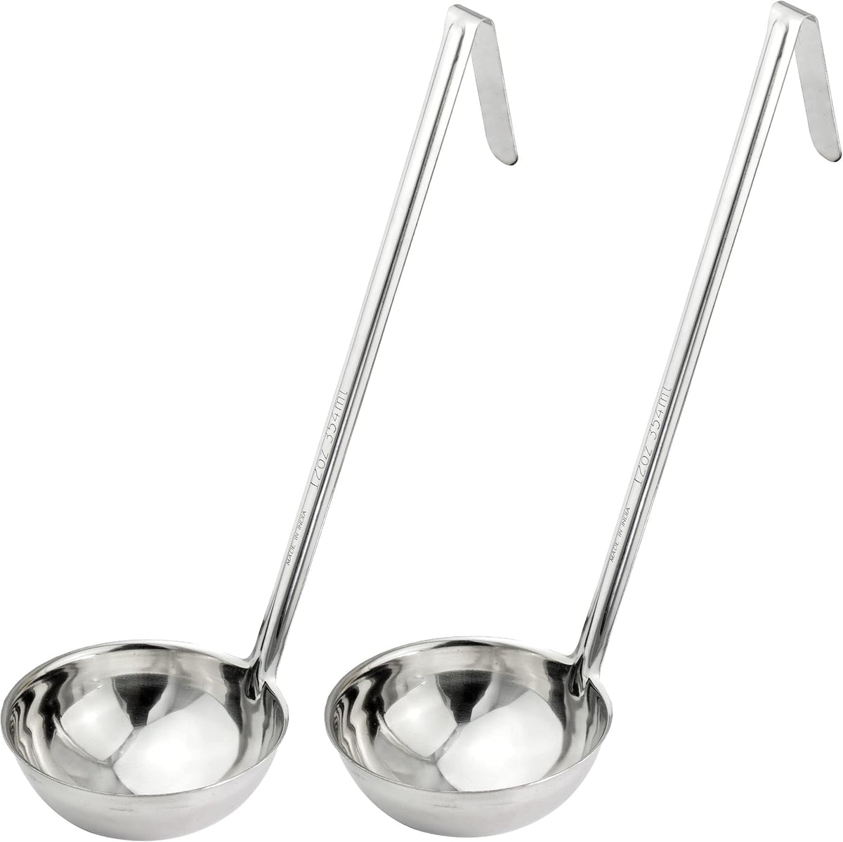Fit Meal Prep [2 Pack] 2 oz Stainless Steel Soup Ladle, One-Piece Sauce Spatula with Hook Handles, Commercial Grade Serving Spoon, Kitchen Tool for Restaurant or Home Cooking, Mirror Finish, 12" Long