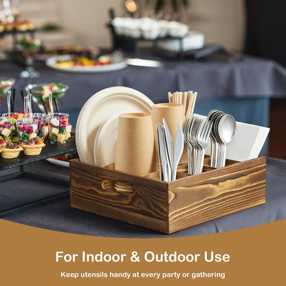 Acacia Wood Utensil Holder for Party, 6-Compartment Paper Plate and Silverware Organizer with Handles, Rustic Utensil Caddy for Parties, Outdoor Gatherings, and Kitchen Countertop Organization