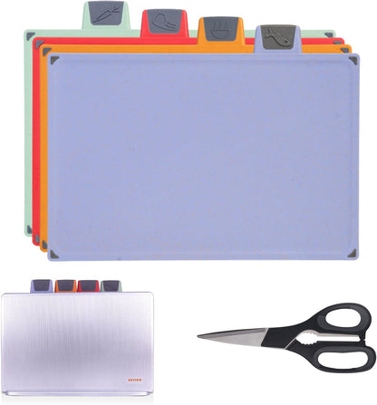 Cutting Board Set: 4-Piece Color-Coded, Non-Slip, BPA-Free, Perfect kitchen essentials for new home, Dishwasher Safe with Premium Scissors and Chopping Board Organizer, Quality kitchen stuff.