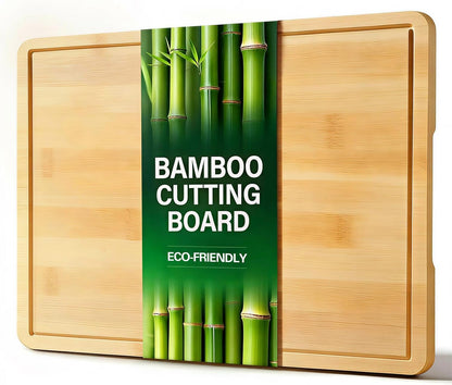 Zarler Bamboo Cutting Boards for Kitchen, 3 Piece Durable Wood Cutting Board with Juice Grooves and Handles, Wooden Chopping Board Set for Meal Prep, XL Size, Ideal Kitchen Gift