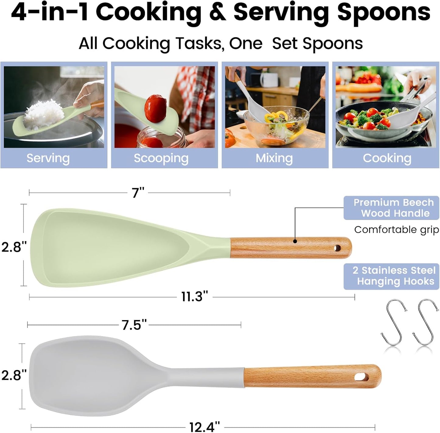 Large Silicone Cooking Spoons Set, 2 Pcs Heat Resistant Serving Spoon, Multifunction Nonstick Spatula Spoon, Kitchen Cucharras de Silicona for Mixing, Stiring, Basting, Scooping, Scraping