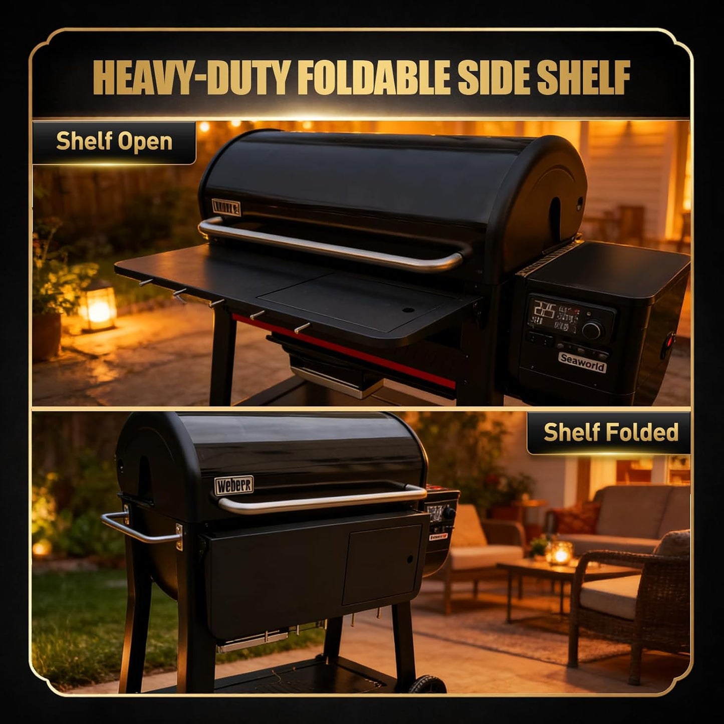 QuliMetal Folding Front Shelf for Traeger Pro 34, Texas Elite 34, Century 885 and Eastwood 34, 37" x 12" Heavy-Duty Grill Prep Table with Cutting Board, Stainless Steel Basin, Lid and 5 Hooks