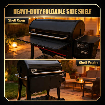 QuliMetal Folding Front Shelf for Traeger Pro 34, Texas Elite 34, Century 885 and Eastwood 34, 37" x 12" Heavy-Duty Grill Prep Table with Cutting Board, Stainless Steel Basin, Lid and 5 Hooks