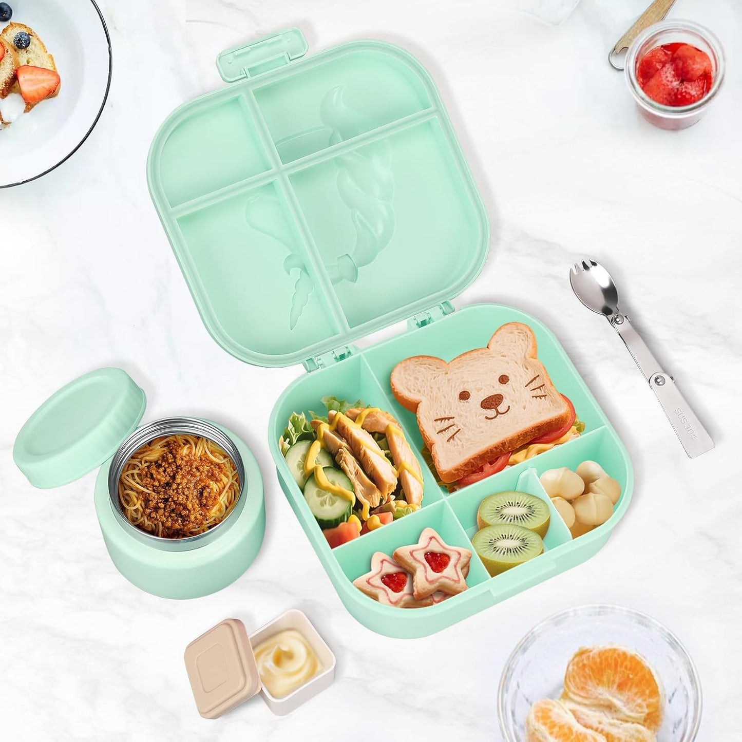 Aimsnk Magical Dinosaur Kids Lunch Box Set -12oz Insulated Food Jar, Leakproof Lunch Food Containers Cutlery, Leak-Proof Sauce Cup & Spoon, Gradient Green+Jar Green
