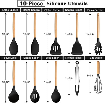 E-far Silicone Cooking Utensils Set, 5-Piece Kitchen Utensils Set with Wooden Handle for Cooking, Silicone Kitchen Nonstick Tools Spatula Turner Slotted Spoons, Nontoxic & Heat Resistant-Khaki