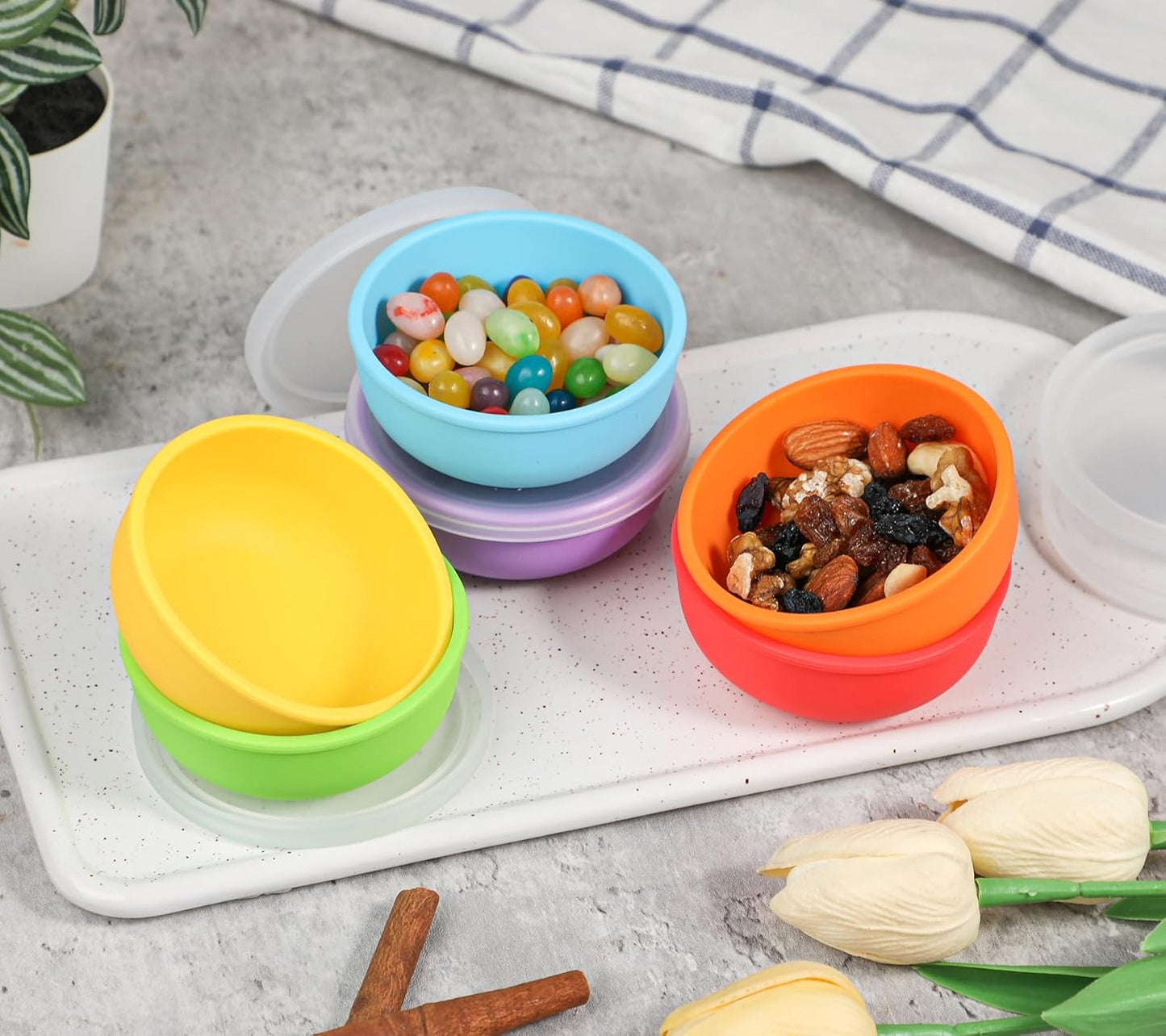 KOLUTI Nonstick Silicone Pinch Bowls Set of 6, 4oz Small Condiment Dipping Sauce Prep Bowl with Lid, Colorful Snack Serving Food Storage Mixing Containers for Side Dish, Microwave & Freezer Safe