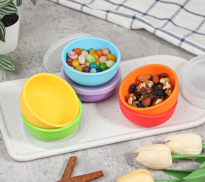 KOLUTI Nonstick Silicone Pinch Bowls Set of 6, 4oz Small Condiment Dipping Sauce Prep Bowl with Lid, Colorful Snack Serving Food Storage Mixing Containers for Side Dish, Microwave & Freezer Safe