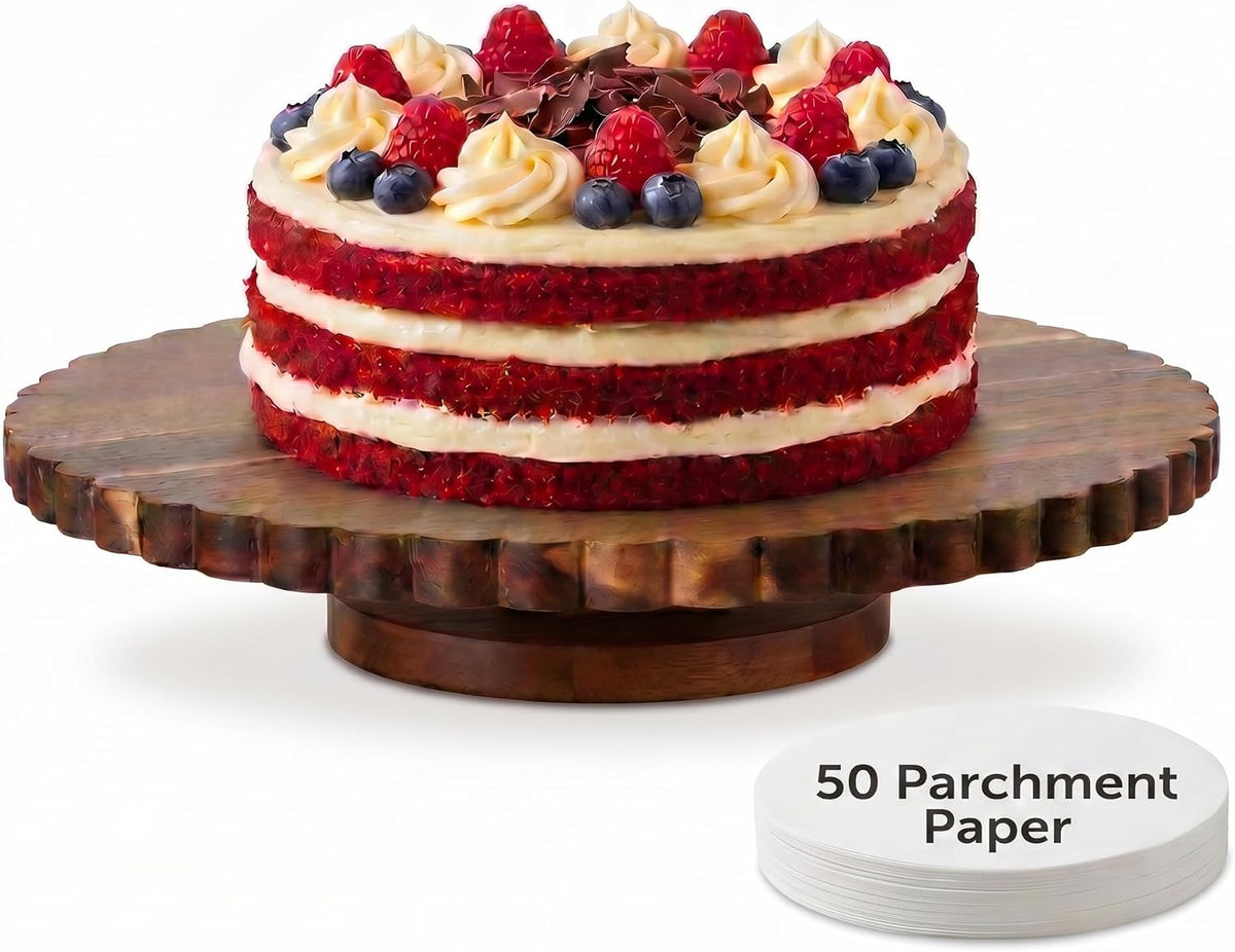 13 Inch Acacia Wood Cake Stand with Lazy Susan - Rotating Cake Turntable for Decorating, Scalloped Wooden Cake Spinner for Wedding, Birthday, Party - Includes 50Pcs 9" Parchment Paper