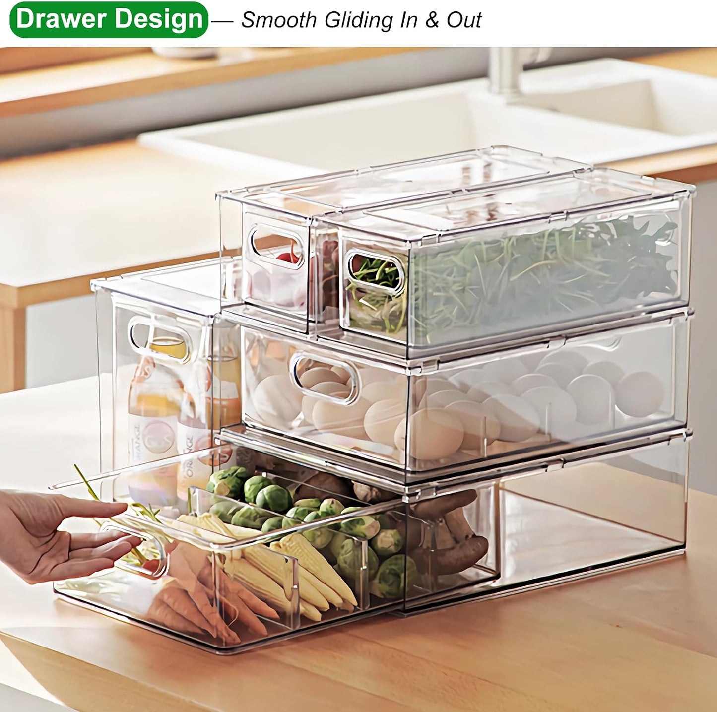 Taiuloo 2 Pack Stackable Refrigerator Organizer Bins with Pull-Out Drawer, Clear BPA-Free Food Storage Containers for Fridge Freezer, Kitchen Pantry Cabinet & Bathroom Vanity Organization