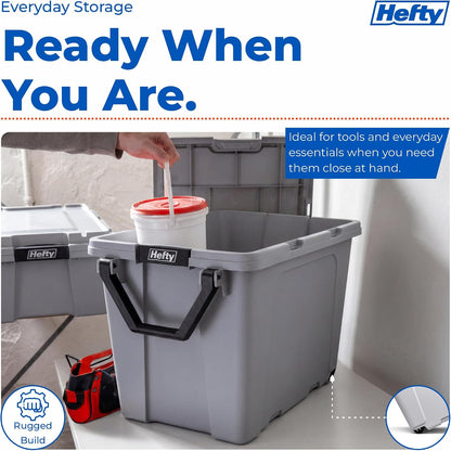 Hefty MAX Pro 28 Gallon Wheeled Storage Bins with Lids, Heavy Duty Rolling Storage Containers with Latching Handles, Stackable Plastic Totes for Garage, Moving & Outdoor Storage, 4 Pack, Gray