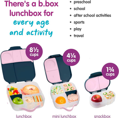 b.box Snack Box 2-Pack - Leak Proof Mini Bento Box for Kids & Toddlers, 2 Compartment Snack Containers for Kids, Dishwasher Safe, BPA-Free, PFAS-Free, Ages 4mo+, 1 3/4 Cup Each (Strawberry + Lilac)
