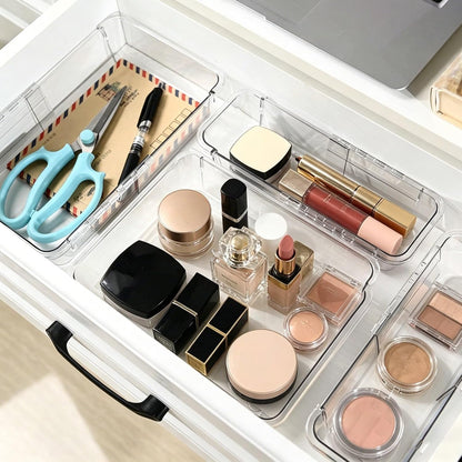 15-Piece Expandable Drawer Organizer Set, Clear 2-Size Bins | 15-piece set, clear expandable bins, 2 sizes, for makeup, vanity, desk and kitchen drawers