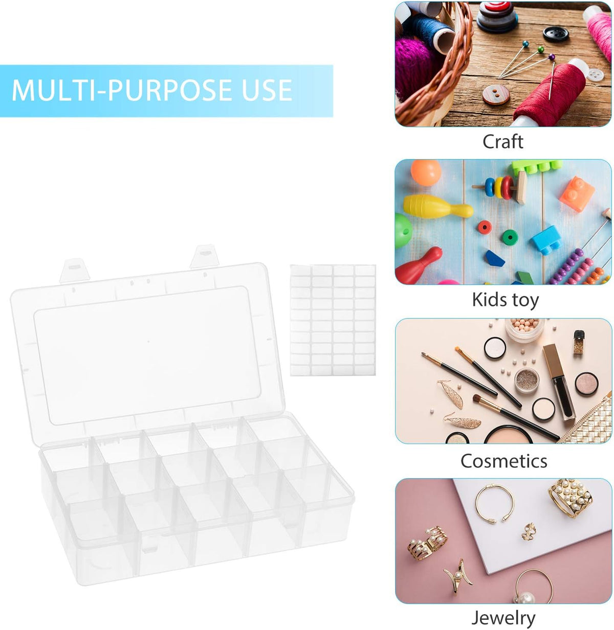 Umirokin 2 Pack 15 Grids Clear Plastic Organizer Box with Adjustable Dividers, Craft Storage Containers for Jewelry, Beads, Screws, Tackle Box, Washi Tapes, Small Parts Organizer for Arts and Crafts