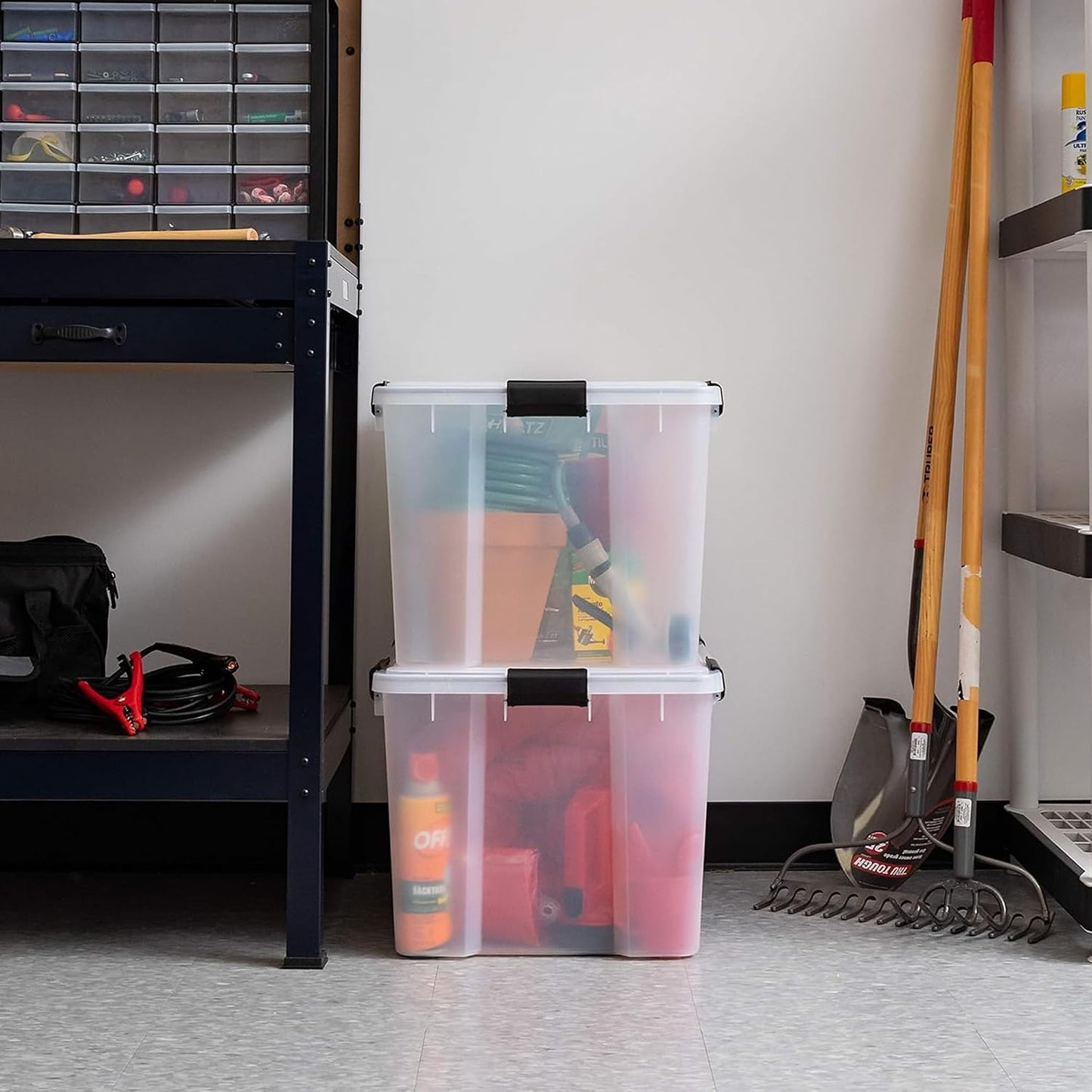 IRIS USA Storage Bins with Lids, WeatherPro Wheeled 106 Qt, Plastic, 3 Pack | Weather-tight gasket, wheels, and secure latches protect camping gear, tools, holiday décor, clothing, and documents.