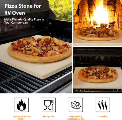 Small 10x10 Inch Cordierite Pizza Stone for RV Camper Oven & Grill, Square Baking Stone for Pizza, Bread, Pies, BBQ, Durable and Safe, with Plastic Scraper