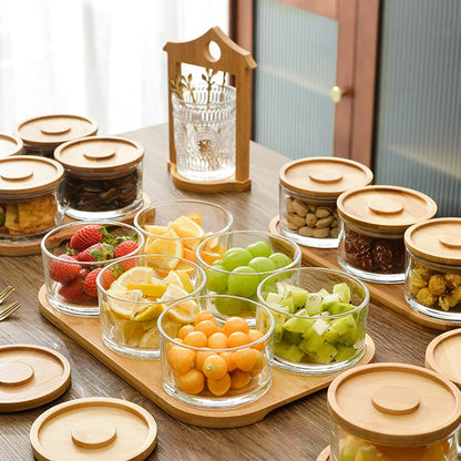 Chip and Dip Serving Set with Bamboo Tray, Snack Candy Fruit Nut Serving Platter, Small Glass Dipping Serving Bowls with Lids for Condiments, Side Dishes, Pre, Dessert, Salsa (3 Slots)