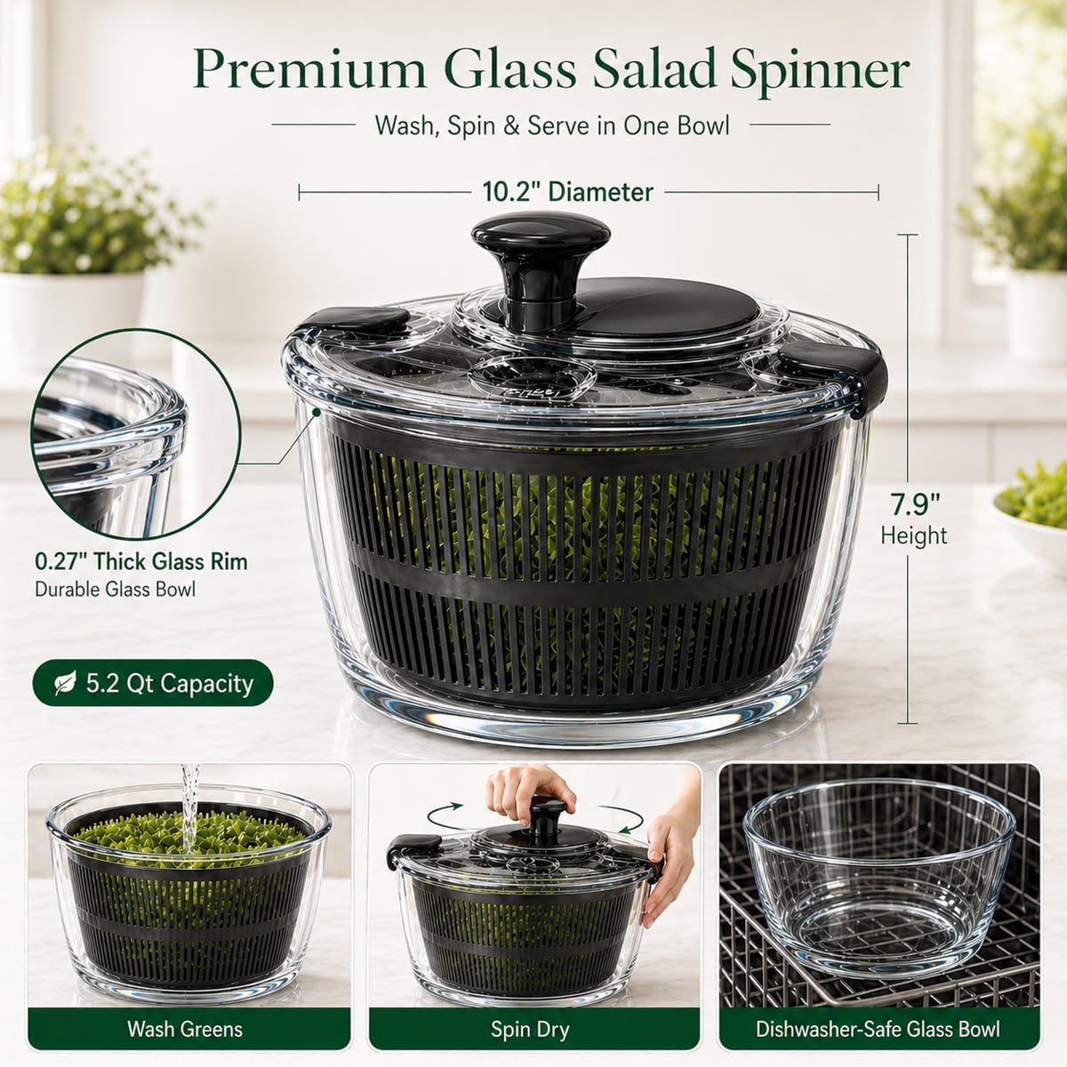 Large 5.2 Qt Glass Salad Spinner with Storage Lid Glass Bowl Black