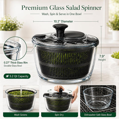 Large 5.2 Qt Glass Salad Spinner with Storage Lid Glass Bowl Black