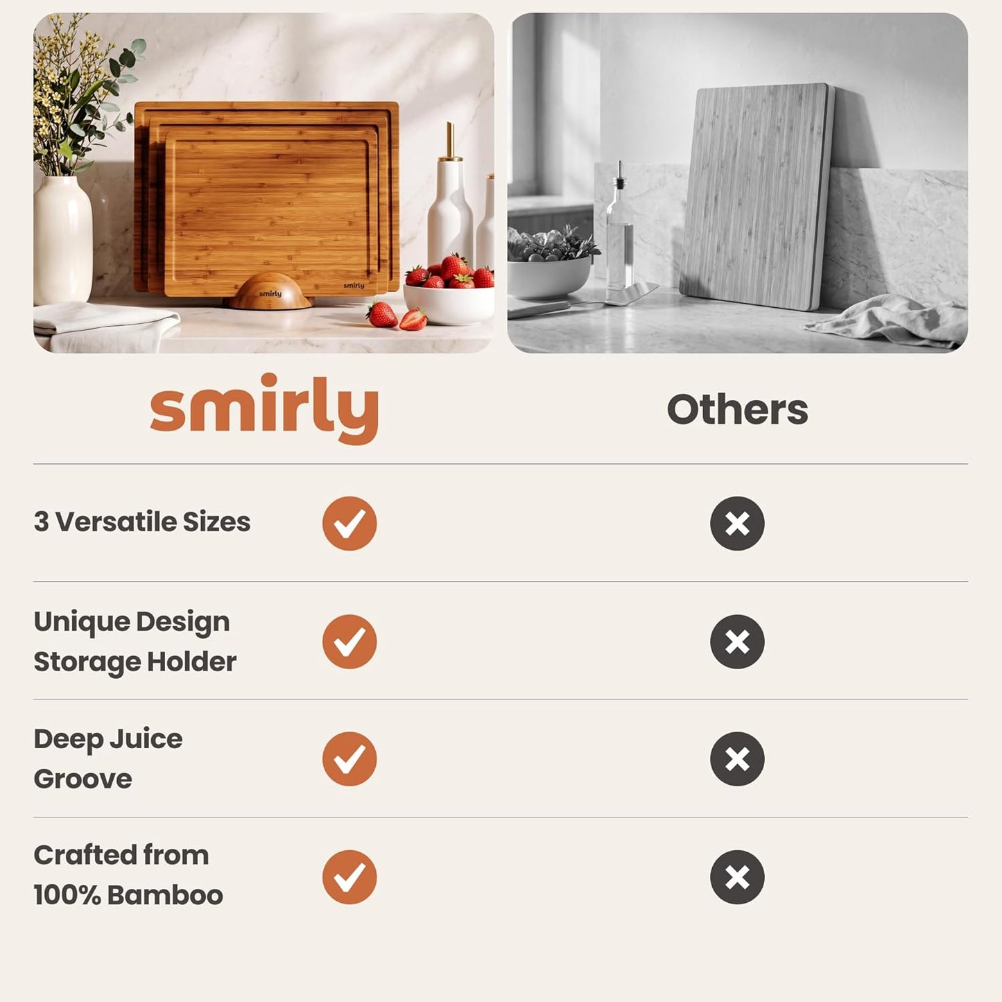 SMIRLY Walnut Cutting Board for Kitchen - Wood Cutting Boards with Handle and Juice Groove for Meal Prep, Serving, Charcuterie - Kitchen Gadgets - Non Toxic Wooden Chopping Board Set of 3 with Holder
