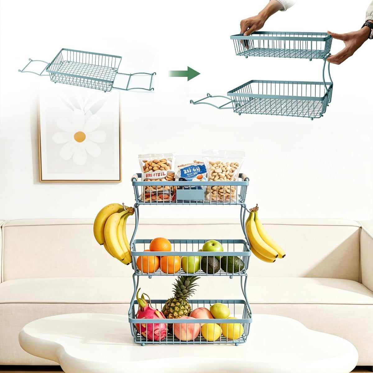 Fruit Basket Bowl 2 Tier Detachable with 2 Banana Hangers, Fruit Stand Holder for Kitchen Countertop, Metal Wire Vegetable Storage Organizer, for Bread Snack Veggies Produce, Black