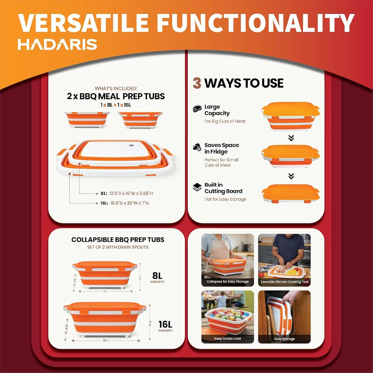 All-in-One Collapsible BBQ Prep Tub - Marinating Station & Food Storage with Built-in Cutting Board & Airtight Lid - Perfect for Grilling, Camping & Kitchen Organization (Gray)