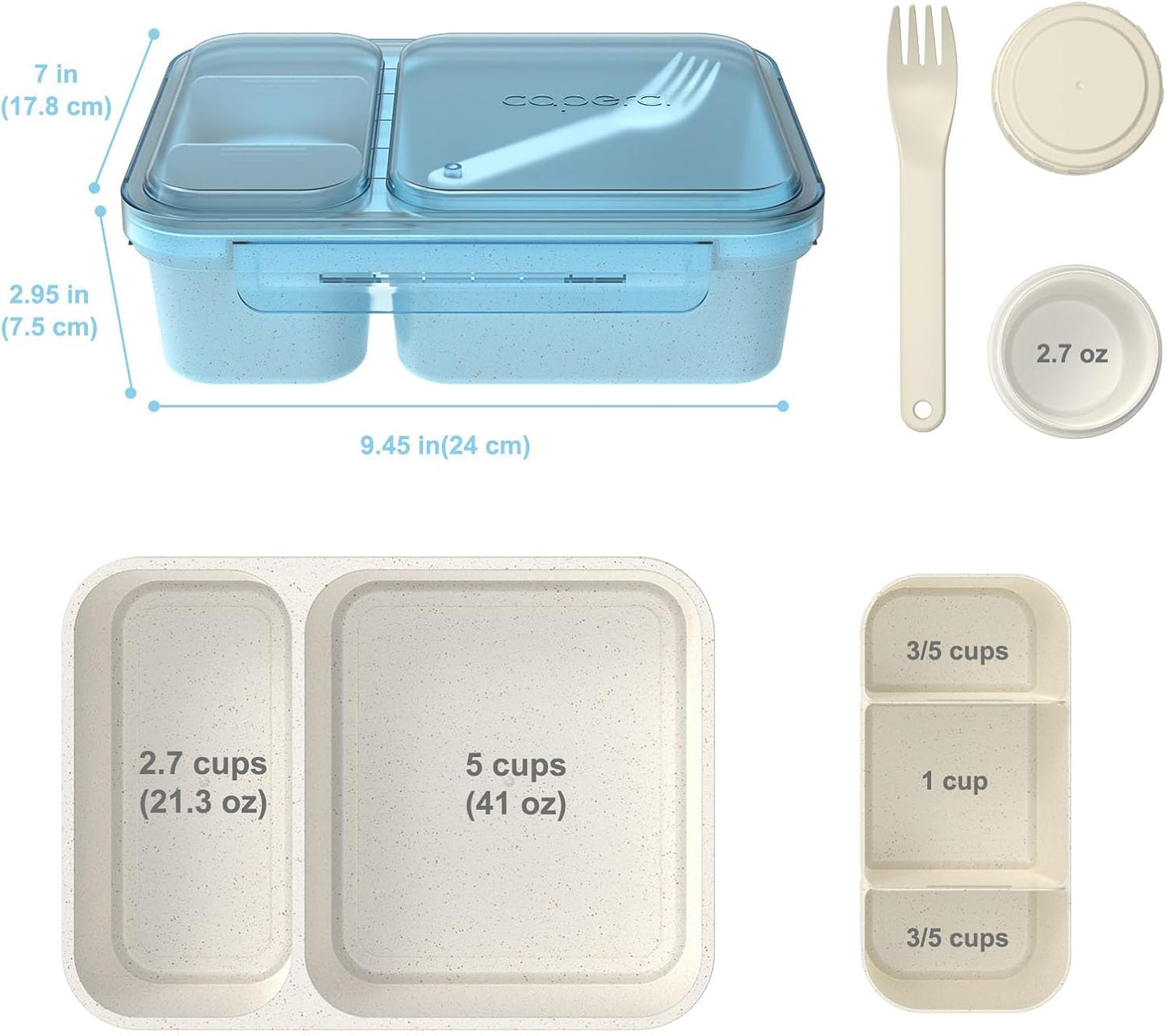 Caperci 2 Pack Salad Container for Lunch - 62 oz Large Bento Lunch Box for Adults, 2-Compartment Meal Prep Container with Removable Toppings Tray, Sauce Cup, Reusable Fork, BPA-Free (Purple & Green)