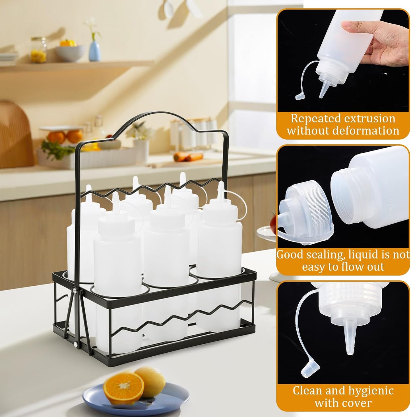 Kathfly Condiment Caddy with 6 Squeeze Bottle, 16 oz Squeeze Bottle Holder Countertop Organizer for Kitchen, Bar, BBQ, Picnic Steel Holder with Portable Handle, Food Grade PE Bottles