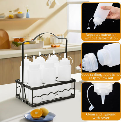 Kathfly Condiment Caddy with 6 Squeeze Bottle, 16 oz Squeeze Bottle Holder Countertop Organizer for Kitchen, Bar, BBQ, Picnic Steel Holder with Portable Handle, Food Grade PE Bottles