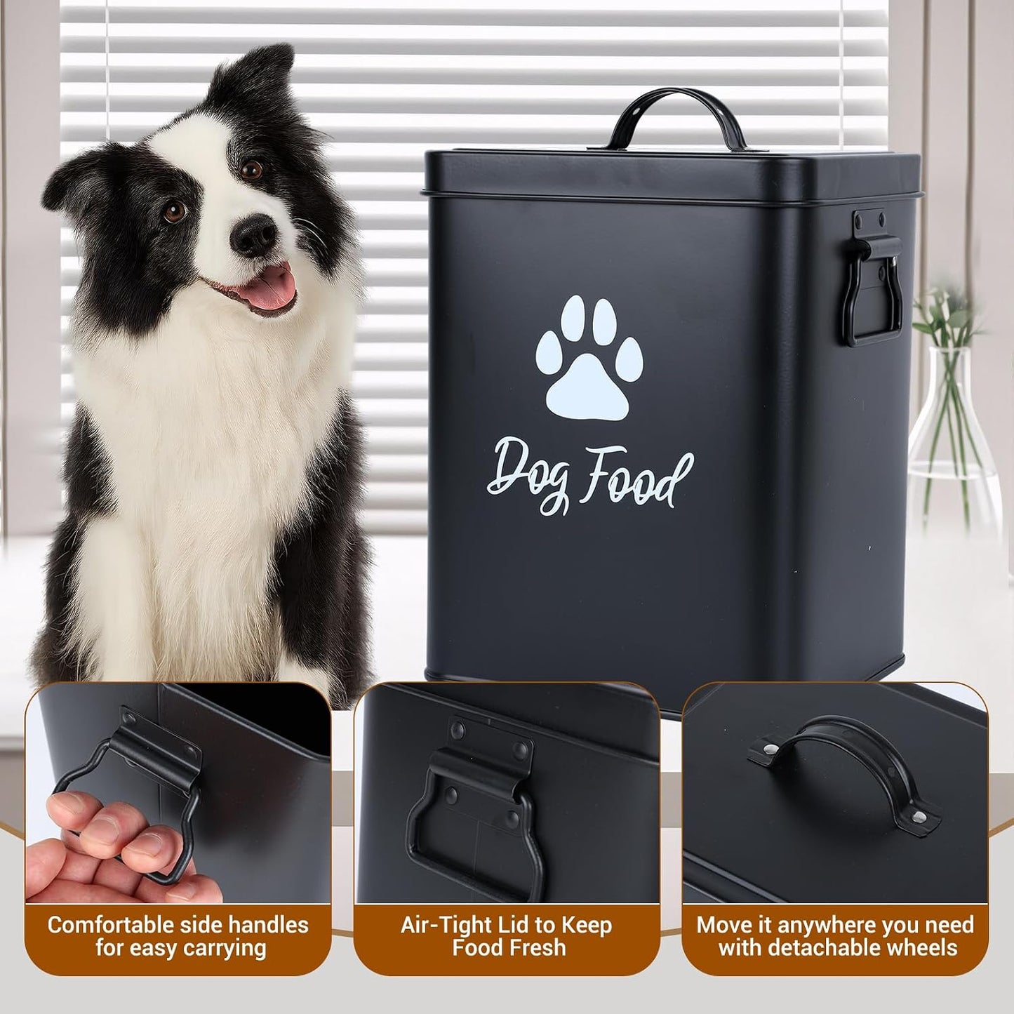 Dog Food Container 13lb, Cute Airtight Pet Food Storage Containers with Metal Lid Scoop, Black Metal Storage Bin for Dog/Cat with Wheels,Easy to Move