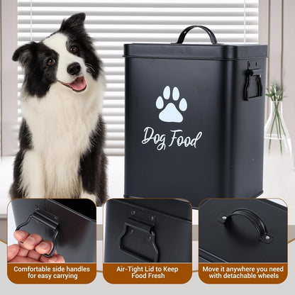 Dog Food Container 13lb, Cute Airtight Pet Food Storage Containers with Metal Lid Scoop, Black Metal Storage Bin for Dog/Cat with Wheels,Easy to Move