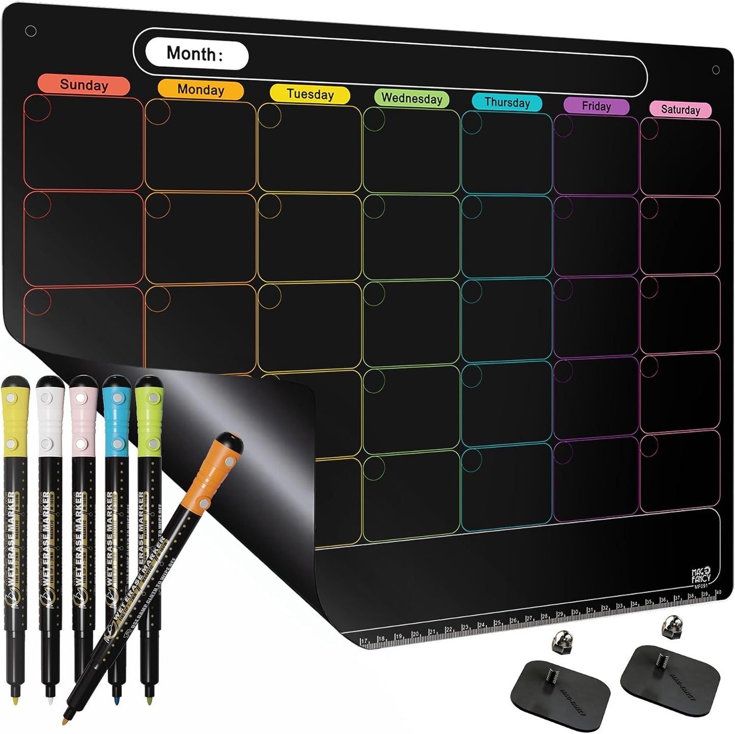 MAG-FANCY Magnetic Dry Erase Calendar for Refrigerator Weekly Chore Chart Schedule Planning Board 6 Fine Tip Wet EraseMarkers & Mounts for Wall Hanging Black