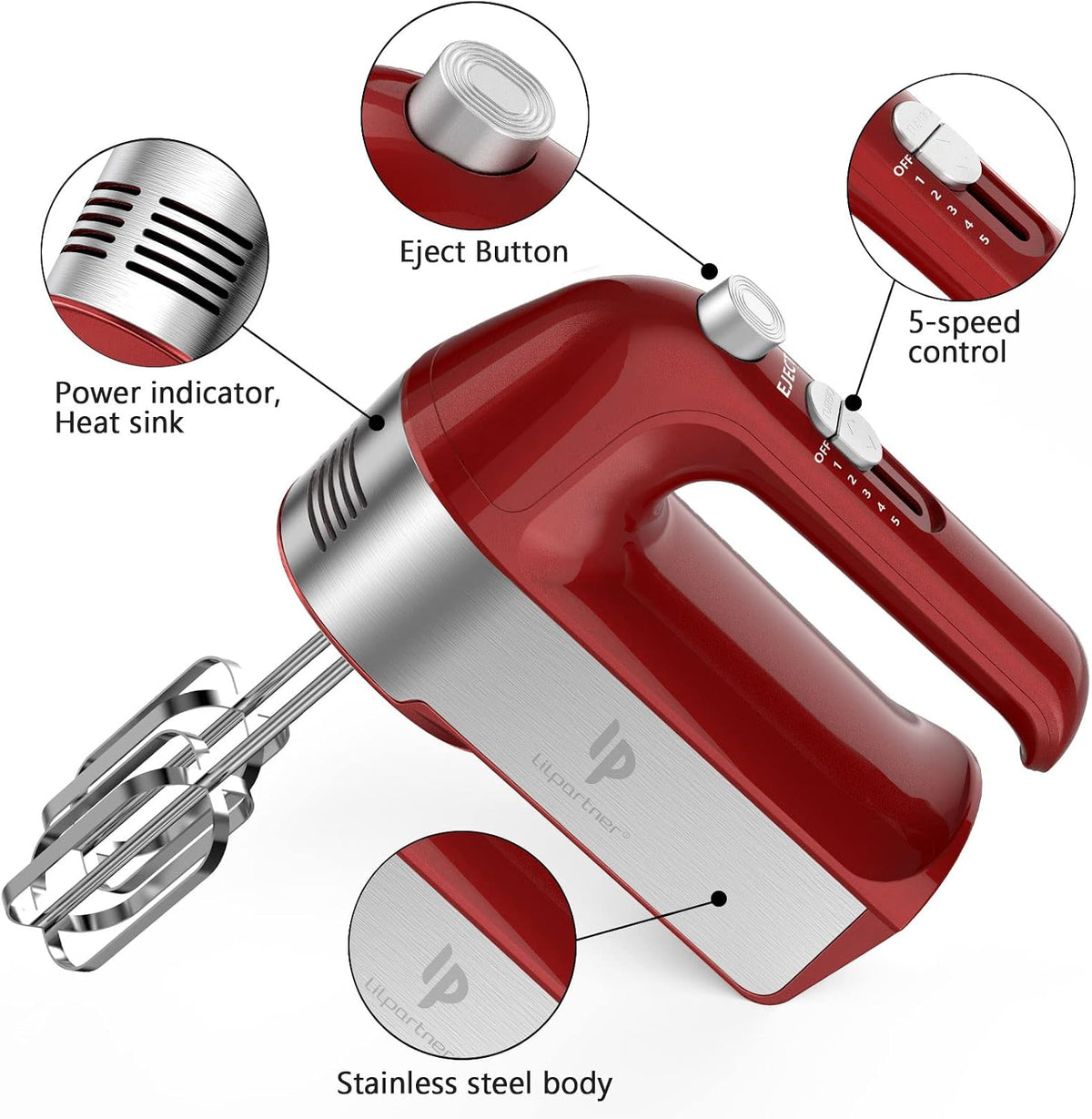 Hand Mixer Electric, 450W Kitchen Mixers with Scale Cup Storage Case, Turbo Boost/Self-Control Speed + 5 Speed + Eject Button + 5 Stainless Steel Accessories, For Easy Whipping Dough, Cream, Black