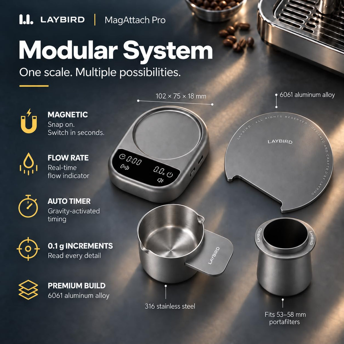 MagAttach Pro Coffee Scale with Timer for Espresso & Pour Over
